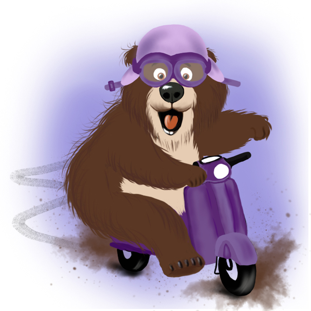 Ilustracja niedźwiedzia jadącego na skuterze